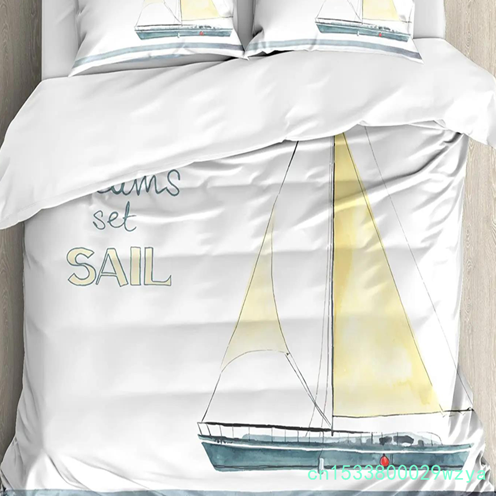 Home Art Textiles - Maritimes Anker-Schiff-Leuchtturm-Wal-Kunst 3-teiliges Bettwäscheset für Doppelbett,